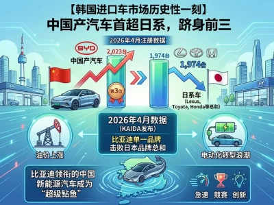 历史性跨越！中国汽车在韩销量首超日本，比亚迪成出海“超级鲶鱼”