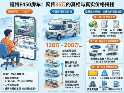 福特E450房车报价真相：168万是起步价，但"35万同款"的水有多深？