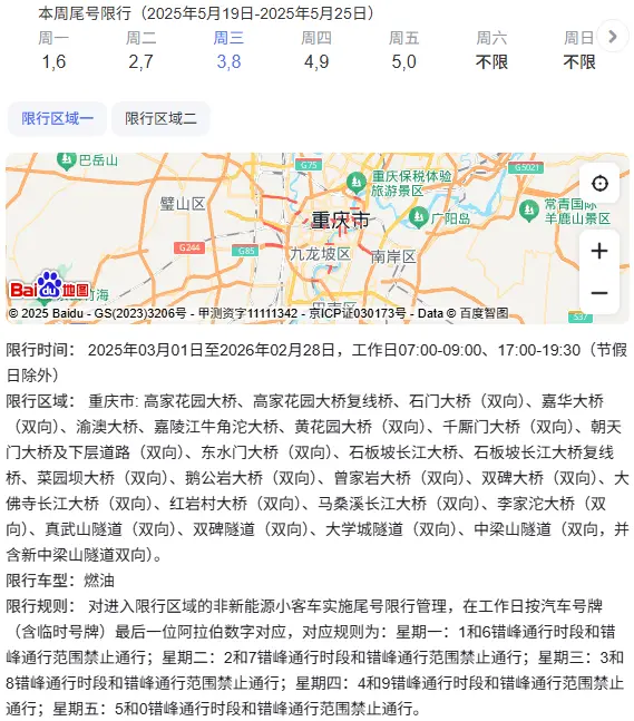 重庆限号时间段和区域_2025最新限行规定及处罚标准 第1张