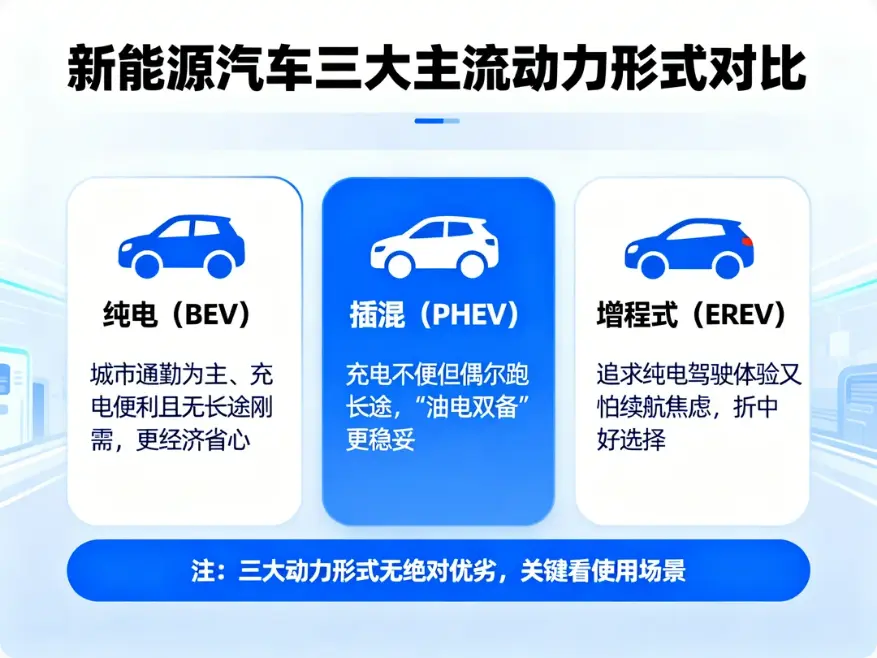 纯电、插混、增程式怎么选？2025实用指南：从场景到成本一次理清