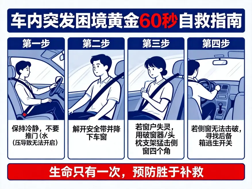  生命至上：全方位车内逃生终极指南（涵盖落水、火灾及被困自救） 第1张