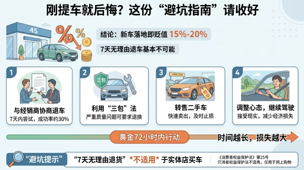 买了车马上后悔了怎么办？4种合法退路+止损策略（附真实案例）