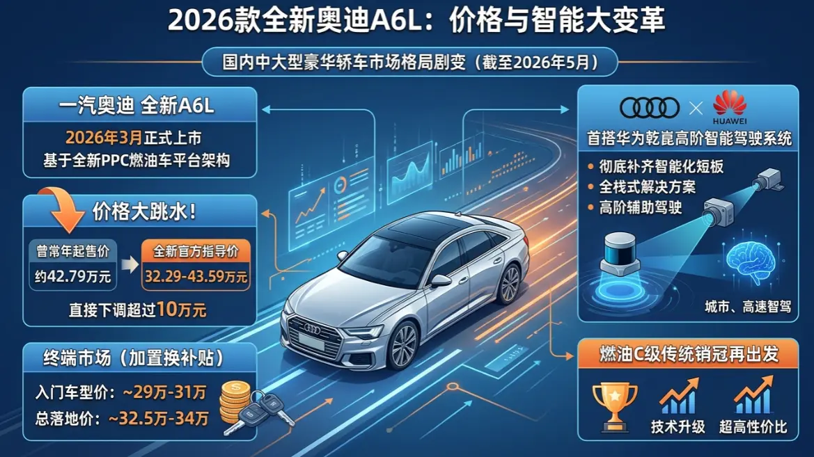 2026年最新奥迪A6L报价与落地价解析：官降10万加持华为智驾，销冠也要求变？