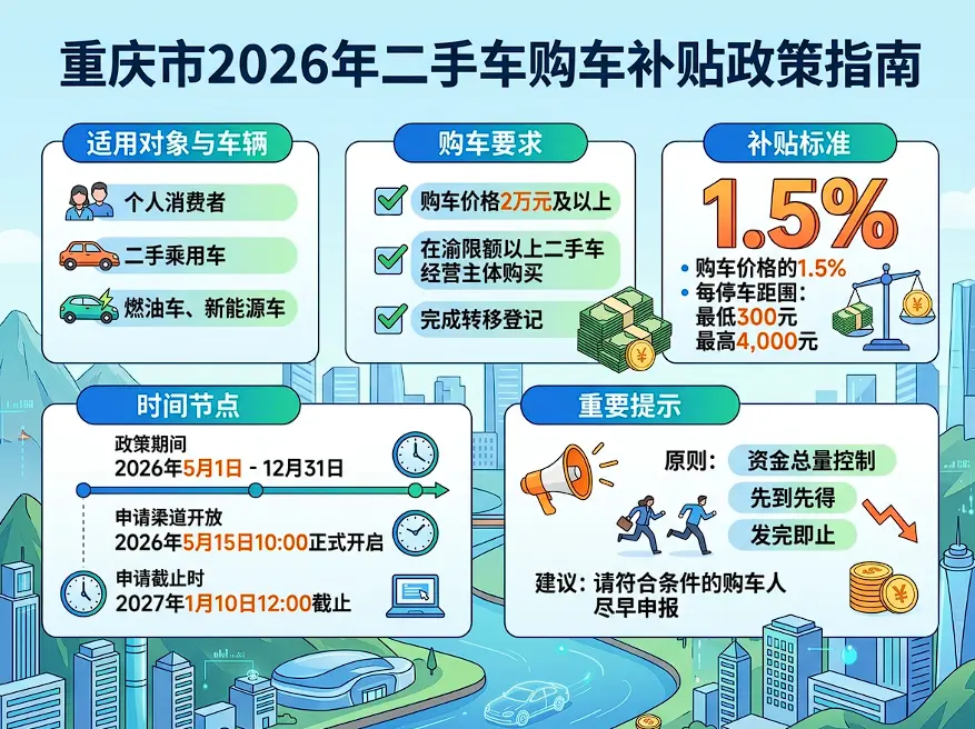 最高领4000元！重庆2026二手车购置补贴全面开申，避坑指南与保姆级申领教程