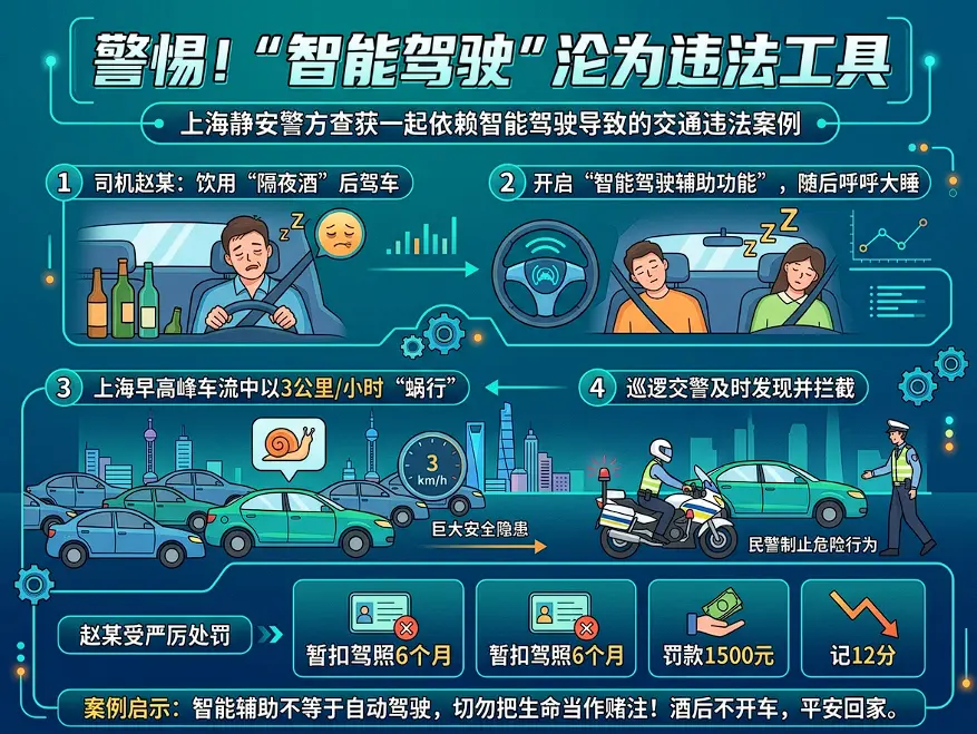 “智驾”非“代驾”:上海男子酒后让车“帮开”被记12分,最高法判例明确:辅助驾驶绝非违法挡箭牌 第1张 “智驾”非“代驾”:上海男子酒后让车“帮开”被记12分,最高法判例明确:辅助驾驶绝非违法挡箭牌 第1张