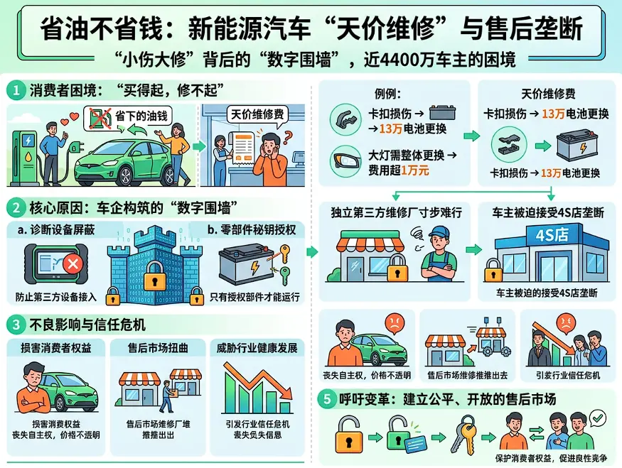 省下的油钱全赔给天价修车费！4400万新能源车主，是如何被“数字围墙”收割的？