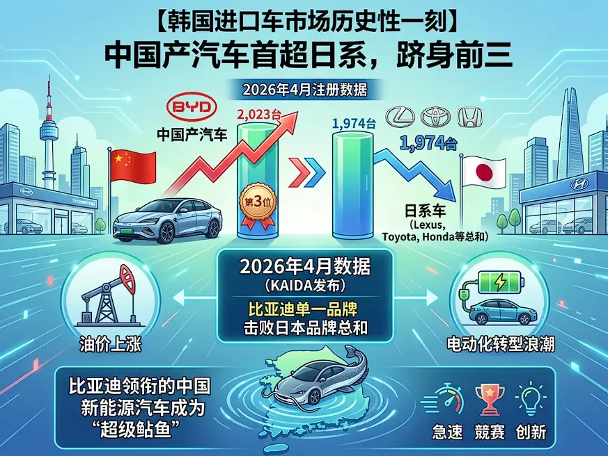 历史性跨越！中国汽车在韩销量首超日本，比亚迪成出海“超级鲶鱼”