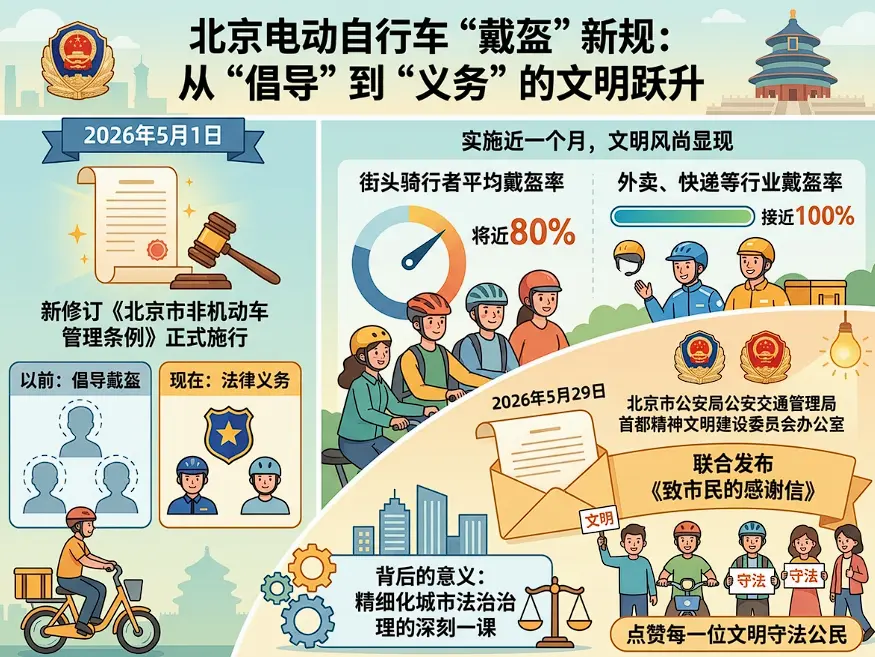 从“倡导”到“法定义务”：北京致谢全体市民背后，一顶“保命盔”的城市治理学